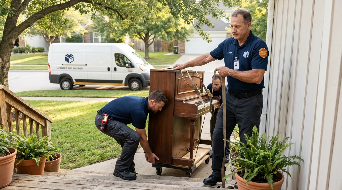 Licensed piano movers securing grand piano in Copiague, NY