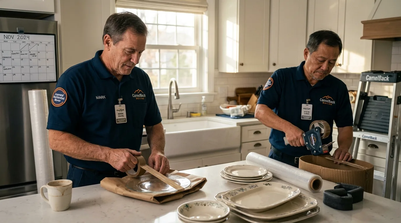 Professional crew packing kitchen dishware in Copiague, NY